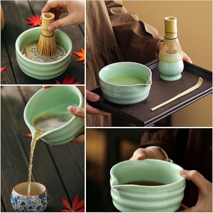 ZaH Matcha Whisk Set - Kit of 5pcs - Matcha Whisk and Bowl, Ceramics Whisk Holder, Bamboo Tea Scoop, Sifter (Glaze Navy)
