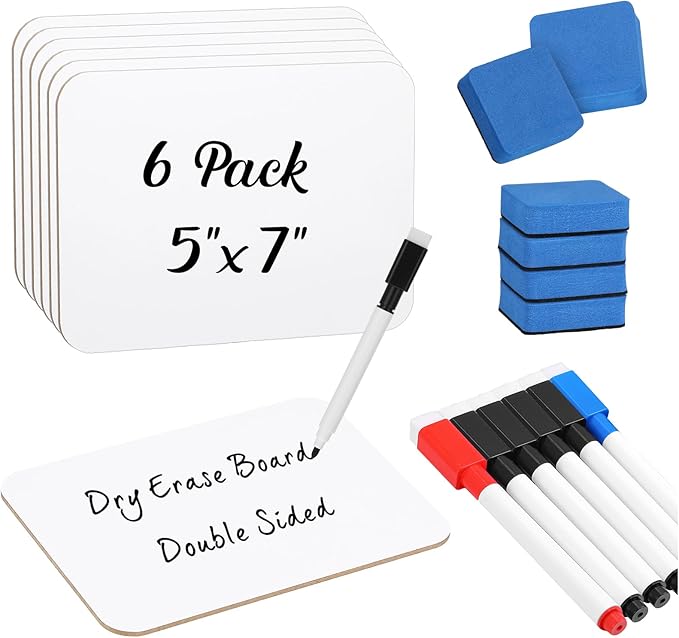 6 Sets Small Whiteboard Dry Erase Boards 5" x7'' Mini Double Sided Dry Erase Lap Boards with Markers Erasers Pen Holders Personal Whiteboards for Students Classroom Teacher