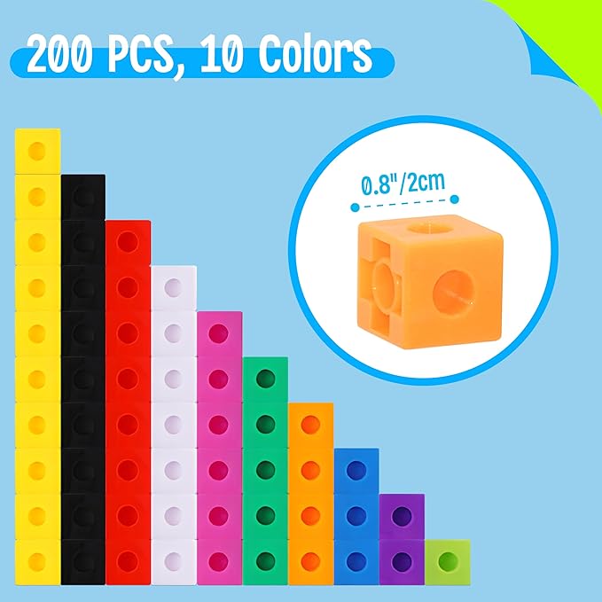 SpriteGru 200PCS Math Linking Cubes, Connecting and Counting Snap Blocks for Early Learning, Educational Toy for Preschool, Kindergarten, Homeschool