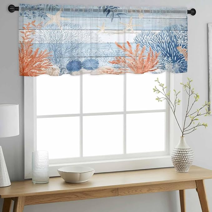 Ocean Corals Sheer Valance Curtains, Summer Beach Coral Sea Stars Blue Wood