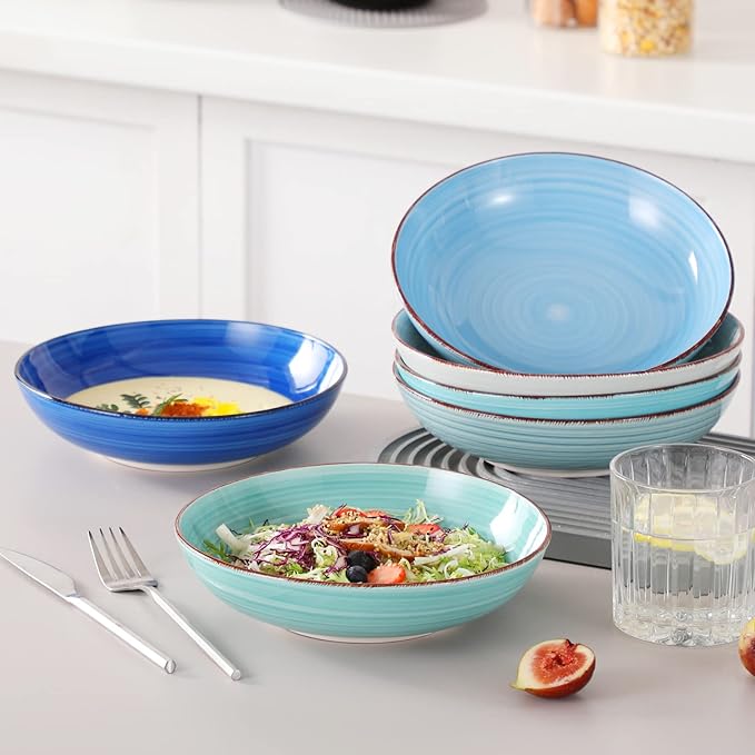 vancasso Bonita Pasta Bowls Set of 6, 38 oz Shallow Bowls, 8.5 Inch Ceramic Pasta Plates and Salad Bowls, Microwave & Dishwasher Safe Serving Bowls, Blue