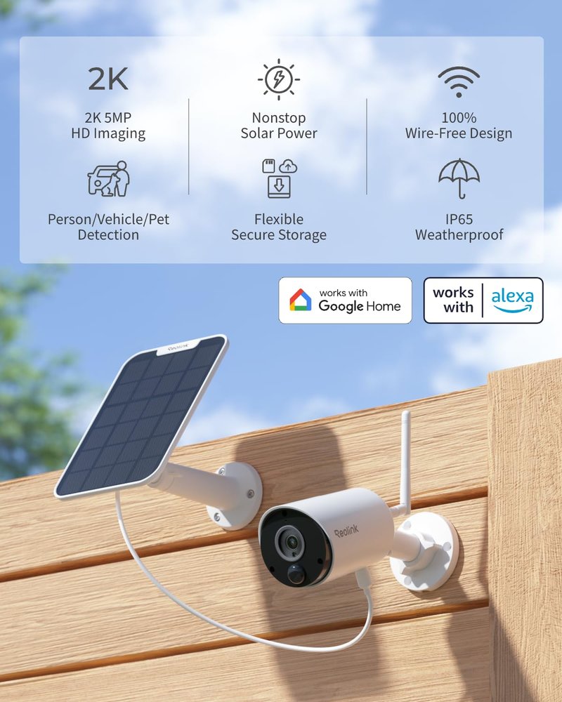 REOLINK Argus Eco+Solar Panel 2K 5MP Solar Security Camera Outdoor for Home Surveilance, Night Vision, Human/Car Smart Detection, 2.4G WiFi, No Subscription, Home Hub Compatible, Local Storage