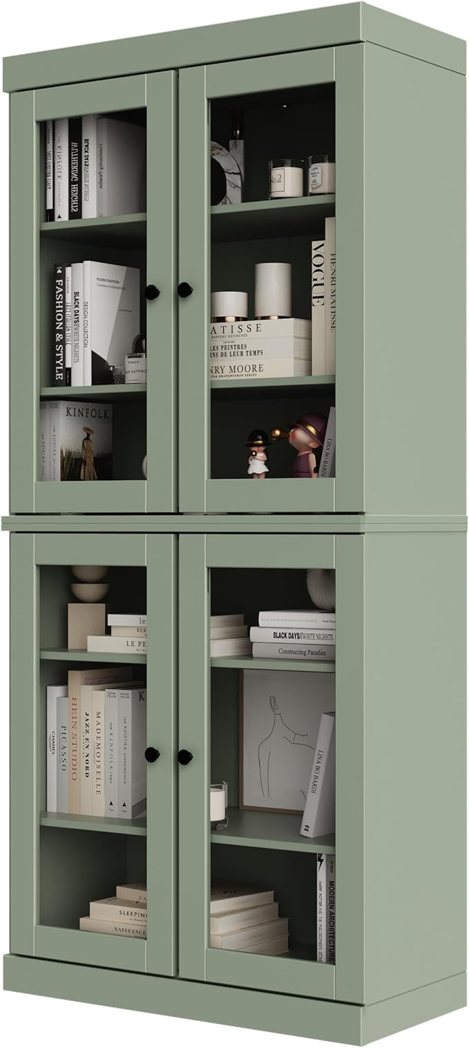 Palace Imports Solid Wood Bookcase - 6-Tier Bookshelf, 71.5” H x 32” W - Sage, Clear Glass Cabinet Doors & Adjustable Shelves, Tall Bookcase, 100% Renewable Eco-Friendly Wood, Made in Brazil