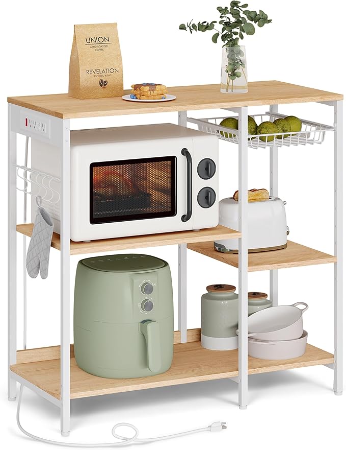 VASAGLE Baker's Rack, Coffee Bar Stand with Charging Station, 35.6 Inches Tall, Storage Shelves, Pull-Out Wire Basket, Table for Microwave, Kitchen, Oak Beige and Ink Black UKKS036Y09