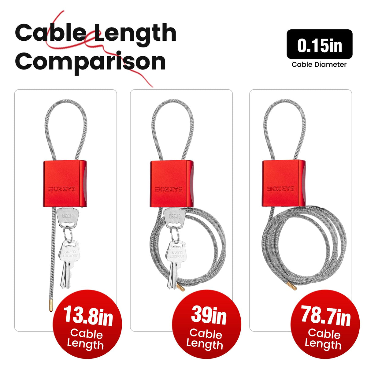 BOZZYS Cable Lock with 3 Keys | L 3.28ft(1m),D 1/6in(4mm) Adjustable Steel Cable Padlock | Aluminum Locks for Bikes, Gate, Lockers & Outdoor Gear | Weatherproof & Red