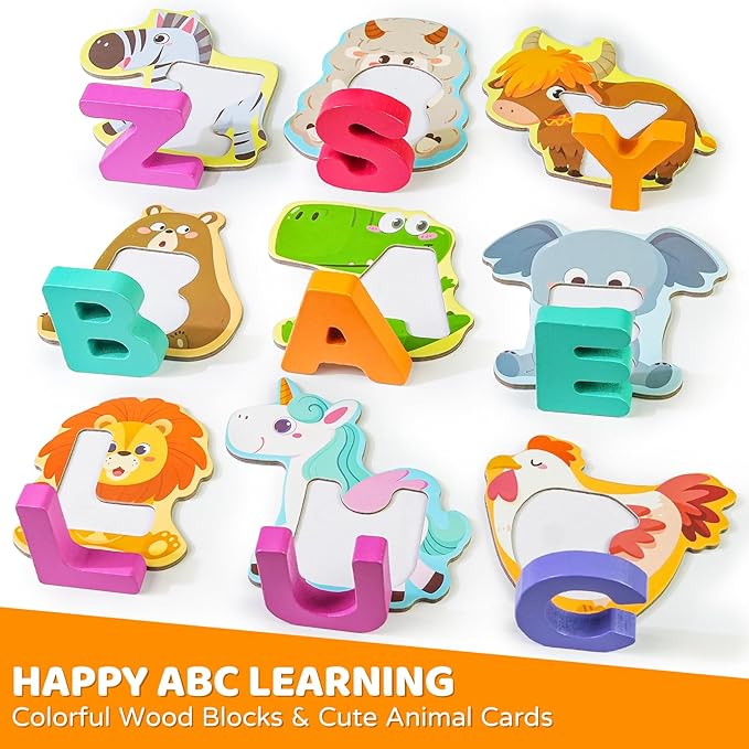 BEESTECH Animal Alphabet Flash Cards, Wooden Letter Puzzle, Educational ABC Learning Toys for 3 4 5 Year Old Boys Girls Toddlers, Preschoolers Matching Game