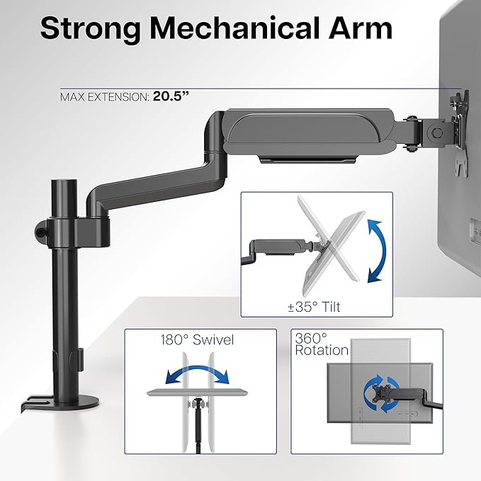 VIVO Single Monitor Arm Mount for 17 to 32 inch Screens - Tension Height Adjustment, Full Articulating Tilt, Swivel, Heavy Duty VESA Stand with Desk C-clamp and Grommet Option STAND-V001K