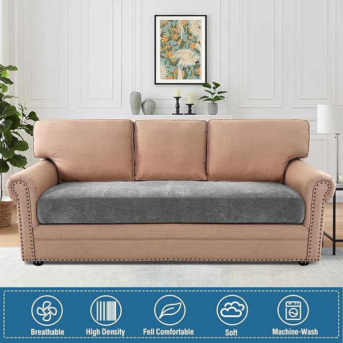 H.VERSAILTEX Stretch Chenille Sofa Cushion Covers Soft Sofa Slipcovers for 3 Seat Cushion Couch Thick Durable Couch Sofa Covers for Pets with Elastic Bottom(3 Seater Sofa Cushion Cover,Grey)