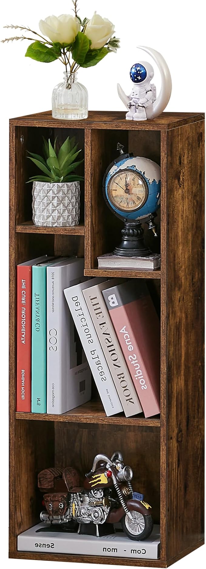 VECELO Small Bookshelf, 4 Cube Slim Bookcase, Fits Tallest Hardcovers, Horizontal Available, Modern Floor Standing Unit, Each Shelf Hold Up to 66 LBS,Brown