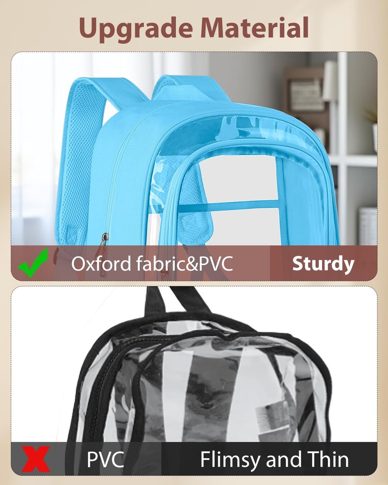KIMNERPU Clear Backpack, Fabric & PVC Transparent Backpack with Reinforced Strap for Women Men, Heavy Duty Transparent Bookbag, Large Capacity Clear Bag, Travel, Security, Blue