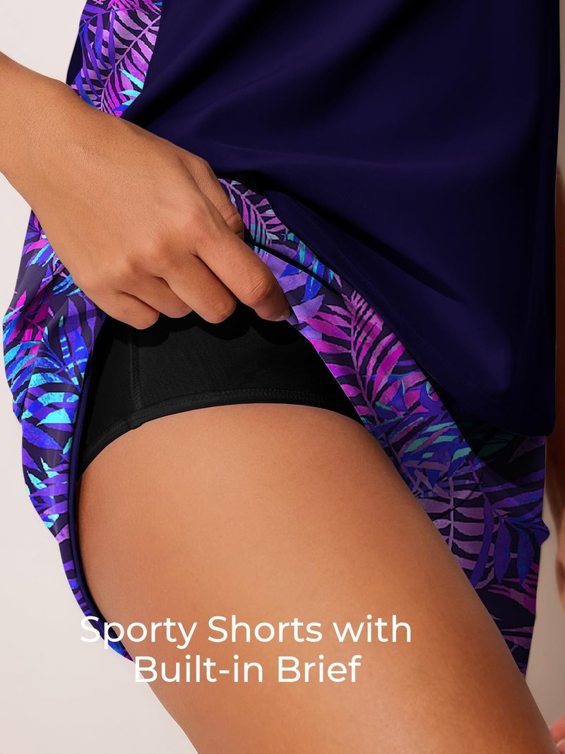 Summer Mae Plus Size Tankini Swimsuits for Women 2026 Tummy Control Two Piece Bathing Suits with Pockets Swim Shorts Purple Leaf Shadows Size 26 Plus