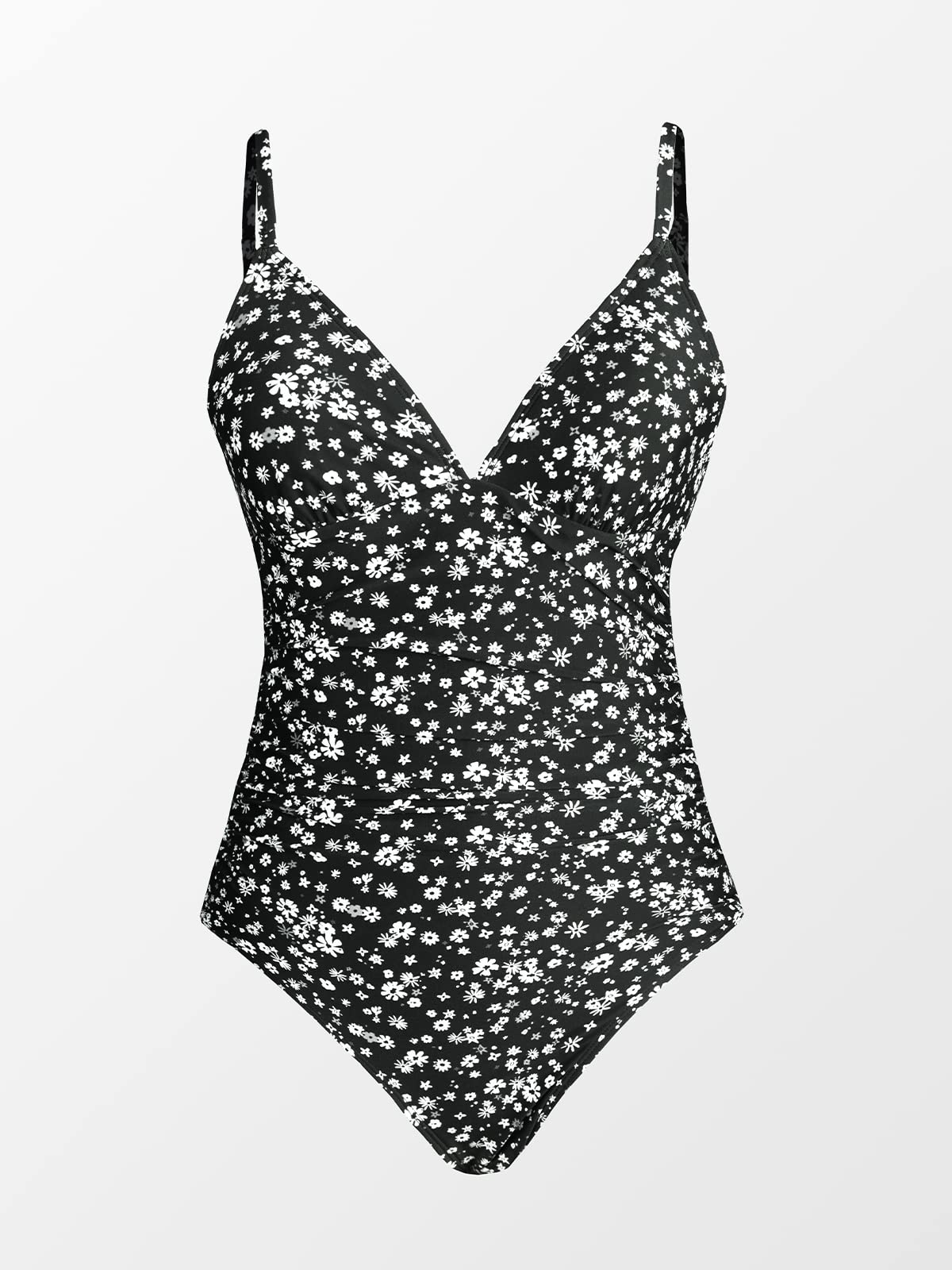 CUPSHE Womens Swimwear One Piece Swimsuit Bathing Suits Floral Deep V Neck Tummy Control Low Back Adjustable Straps, Small, Black Floral