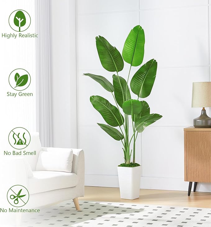 Birds of Paradise Plant Artificial, 6.6FT Fake Plant Faux Banana Leaf Tree with 15 Banana Leaves, Lifelike Tall Fake Tropical Palm Indoor Silk Floor Plant in Black Pot for House,Office,Room,Home Decor