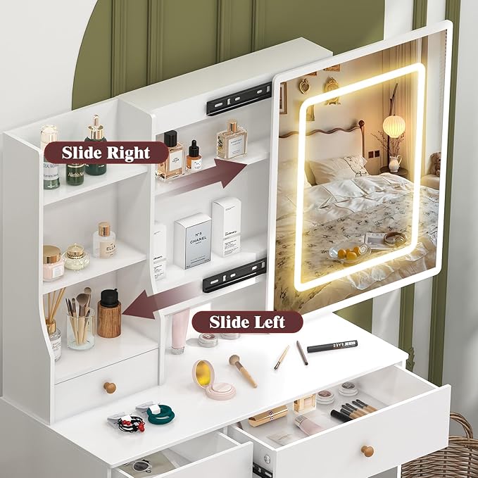 Vanity Desk with Sliding Mirror and LED Lights, Small Makeup Vanity Table Set with Chair and Drawers, White Vanity with Lighted Mirror for Bedroom, Dressing Table for Teen Girls and Women