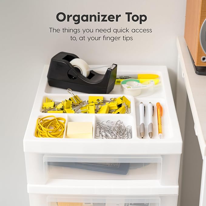 IRIS USA Plastic Drawer Storage Organizer Rolling Cart, with Wheels Casters, 4-Drawers, for Classroom Art Craft Supplies Dresser Closet Bathroom Laundry Room, White/Clear