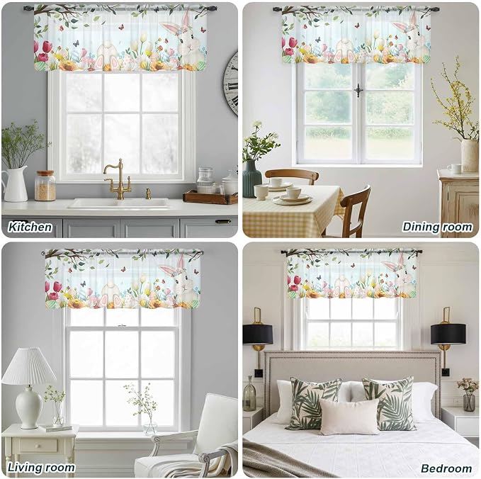 Easter Sheer Valances for Windows 60"x18", Light Filtering Kitchen Curtains