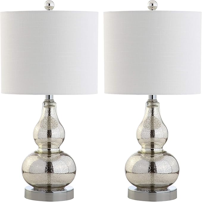 JONATHAN Y 20.5" Mercury Silver Glass Table Lamp, Modern Gourd Bedside Nightstand Lamp for Bedroom, Living Room, White Linen Shade, LED Bulb Included (JYL1028C-SET2)