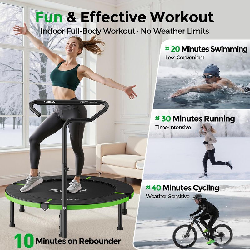 BCAN 40"/38" Foldable Mini Trampoline, Rebounder Trampoline for Adults, U/T Adjustable Foam Handle, Exercise Rebounder for Adults Indoor/Garden Workout, Max Load 330lbs/440lbs-40IN-T-Handle-Green
