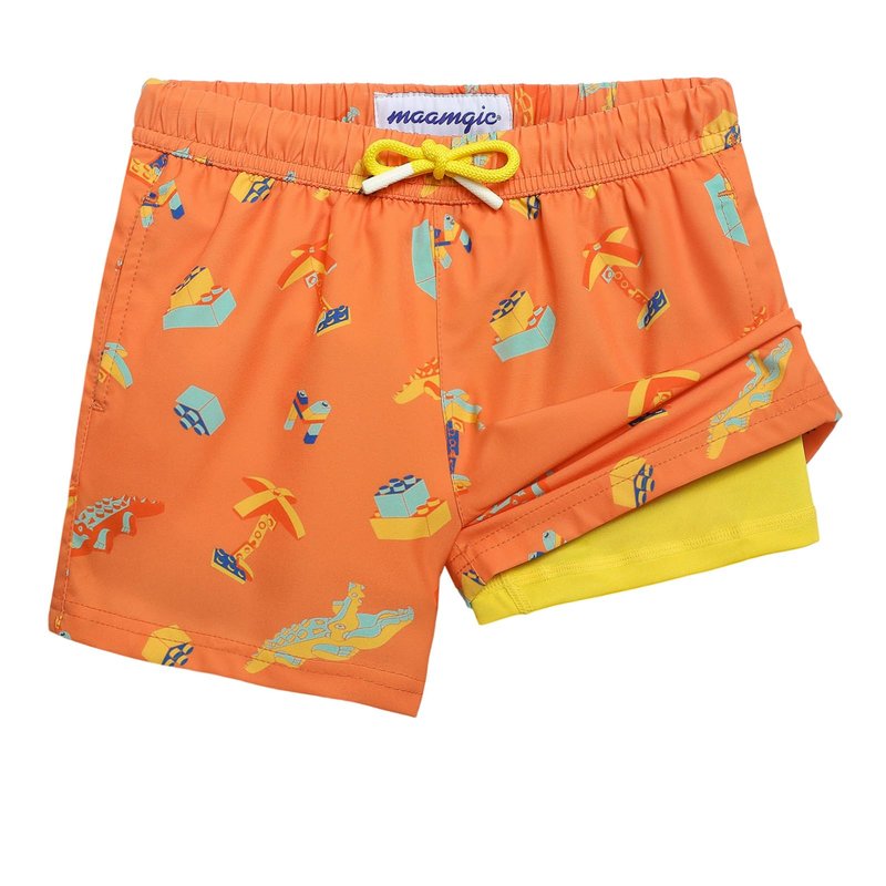 maamgic Boys Swim Trunks with Compression Liner Toddler Stretch Swim Shorts Quick Dry Swimming Trunks Boxer Brief 2 in 1 Beach Shorts Orange Blocks 8