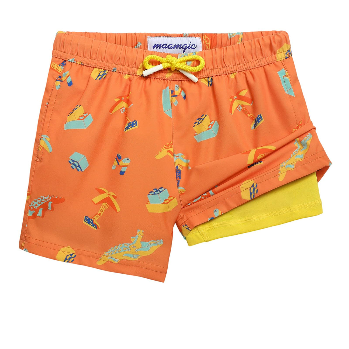 maamgic Boys Swim Trunks with Compression Liner Toddler Stretch Swim Shorts Quick Dry Swimming Trunks Boxer Brief 2 in 1 Beach Shorts Orange Blocks 3T