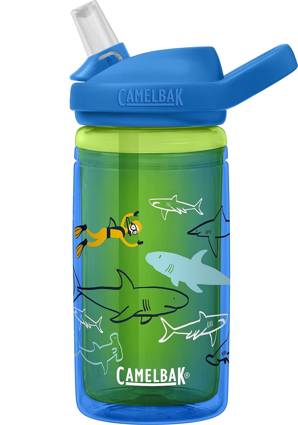 CamelBak Eddy+ Kids Water Bottle with Bite Valve Straw, Leakâ€‘Resistant Easyâ€‘Sip Design for Everyday Hydration, 14oz, Scuba Sharks