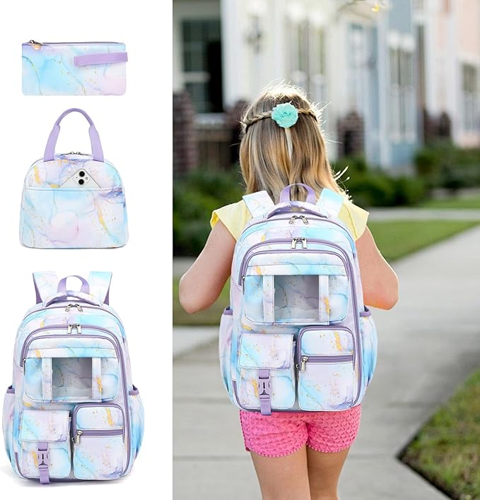 School Backpack for Girls 3Pcs Set Elementary Middle School Book Bags with Lunch Box Pencil Case