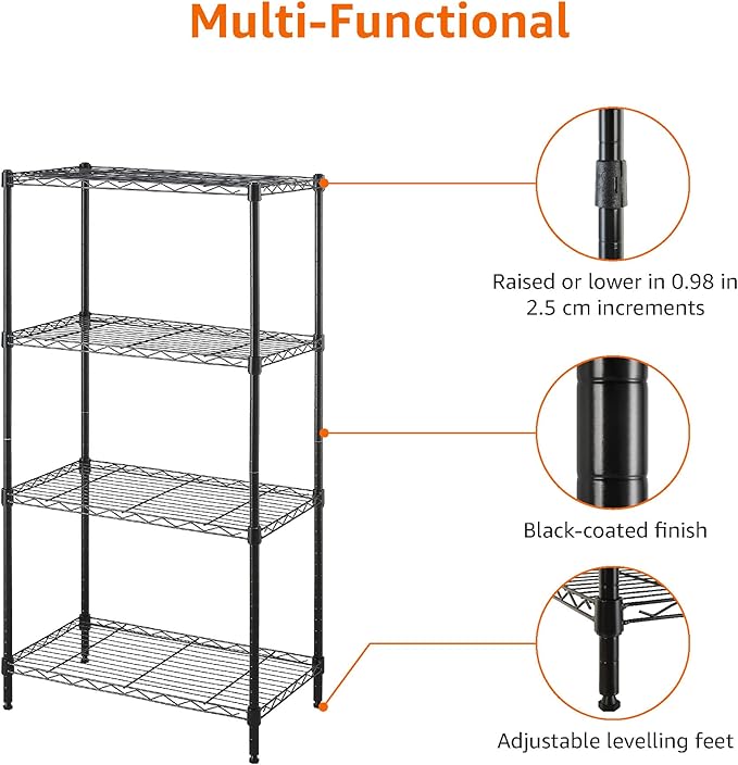 Amazon Basics 4-Shelf Steel Wire Rack, 13.4 D x 23.2 W x 48 H in, Black | Sturdy, Adjustable, Easy Assembly, Storage