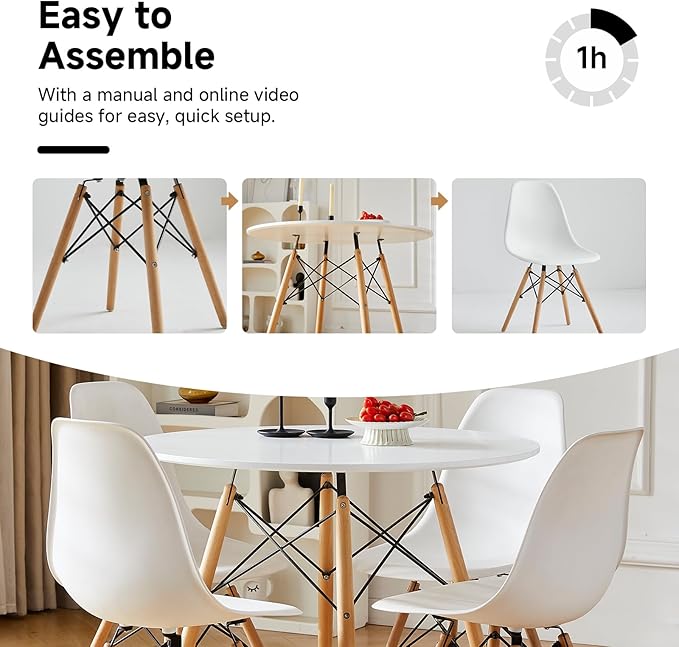 Round Dining Table Set for 4 35.5" Wood Dinner Table Circle Dining Room Table Kitchen Table Chairs Set of 4 with Wood Strip Base for Kitchen Living Room Space Saving Apartment(White)