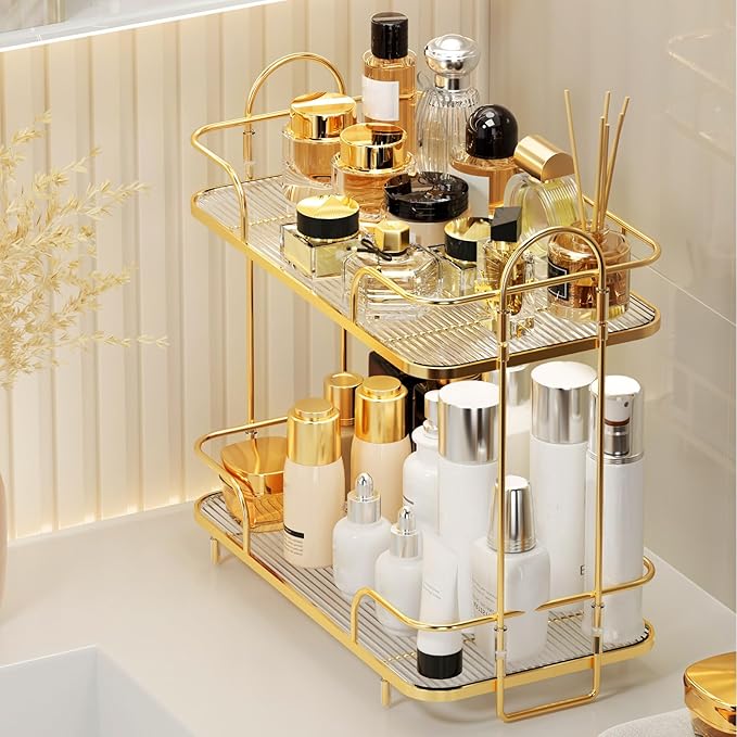 2 Tier Corner Bathroom Counter Organizer, Cosmetic Skincare Organizer, Bathroom Countertop Perfume Tray Vanity Organizer, Kitchen Spice Corner Storage Shelf | Bathroom Countertop, Perfume Tray, Vanity Organizer, Kitchen Spice