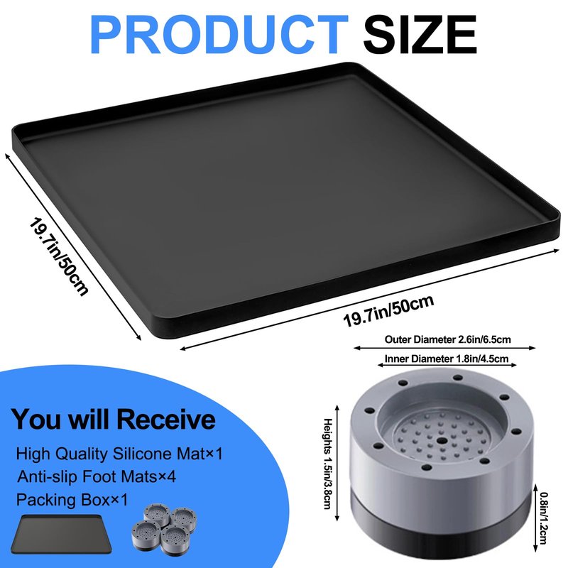 Mini Fridge Silicone Mat with 4 Base Raisers, 20" x 20" x 0.7" Under Refrigerator Mat, Mini Fridge Drip Pan Prevents Appliance Leakage Water Spills, for Washing Machines, Dishwashers, Air Conditioner