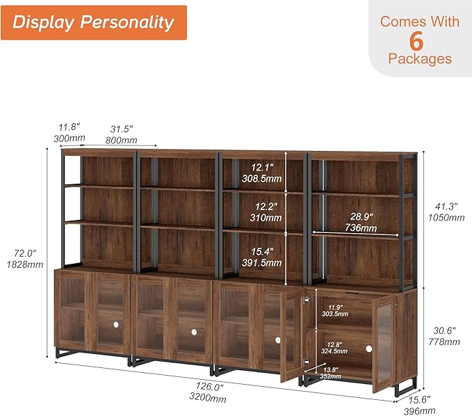 WAMPAT 4 PCS Modern 72" Tall Bookcases with Glass Doors and Adjustable Shelves, Library Book Shelf with Storage Cabinet and Open Book Shelfs, Wood Bookshelves for Home Office, Living Room, Brown