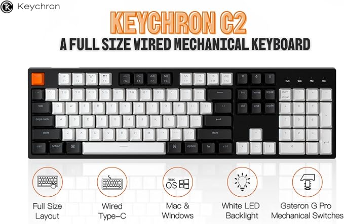 Keychron C2 Full Size 104 Keys Wired Mechanical Gaming Keyboard for Mac Layout, Gateron G Pro Brown Switch/White LED Backlight/Double Shot ABS Keycaps/USB C Computer Keyboard for Windows Laptop