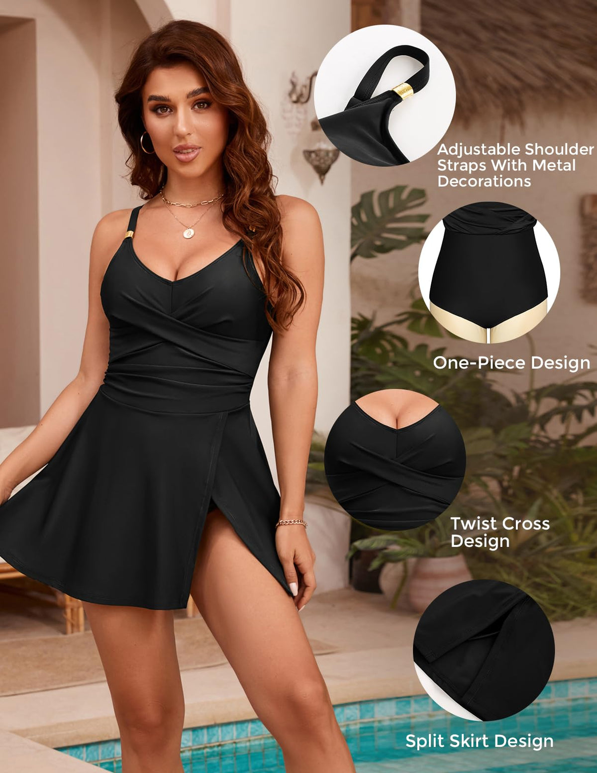 Hanna Nikole Womens One Piece Swimsuits Modest Bathing Suit for Women V Neck Gold Metal Long Torso Swimdress Black XL