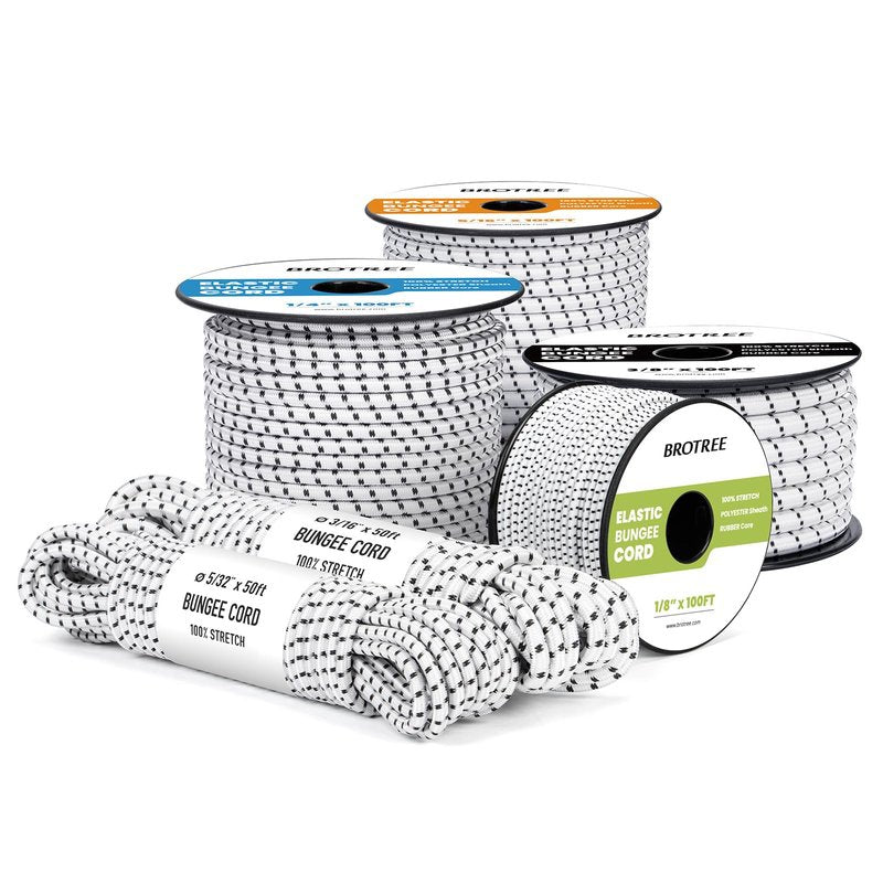 Brotree Marine Grade Bungee Cord 1/8" x 10ft - Elastic Shock Cord 100% Stretch Rope Heavy Duty for Kayak, Tent Pole, Tarp, Tie Down - White&Black