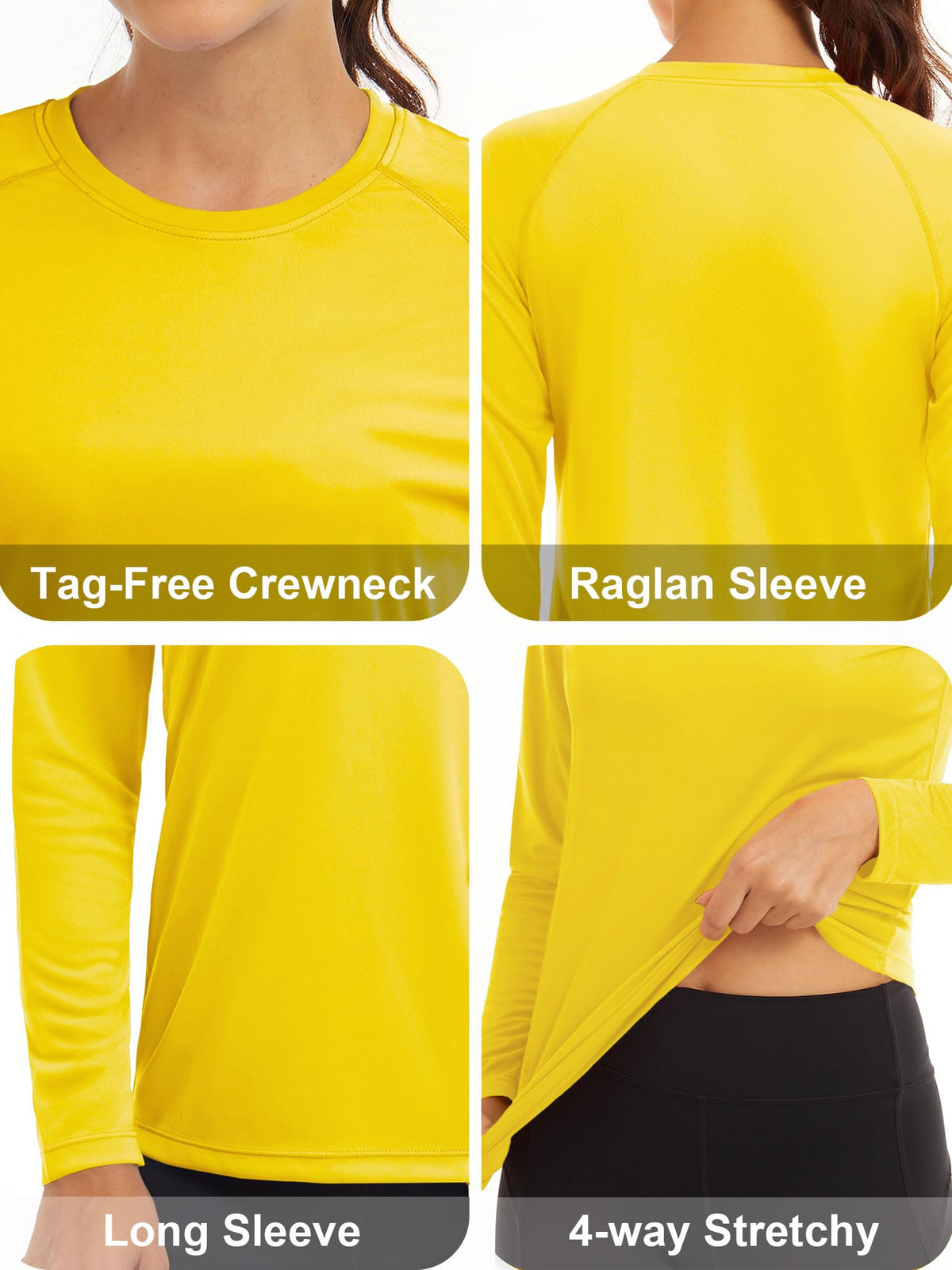 Brand Women's Long Sleeve Running Shirts - Sun Protection, Lightweight, Yellow