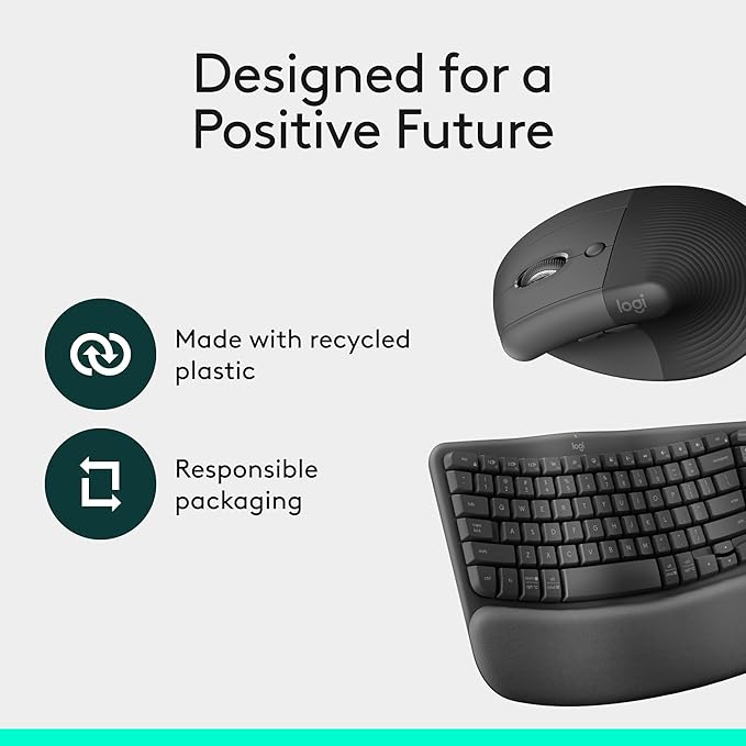 Logitech Wave Keys & Lift Vertical Mouse - Ergonomic Wireless Keyboard and Mouse Combo - with Cushioned Palm Rest, Easy-Switch, Bluetooth, for Multi-OS, Windows/Mac - Graphite