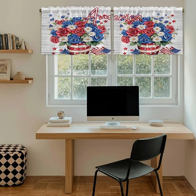 Independence Day Kitchen Tier Curtains 36 Inch Long 2 Panel Set, Rod Pocket