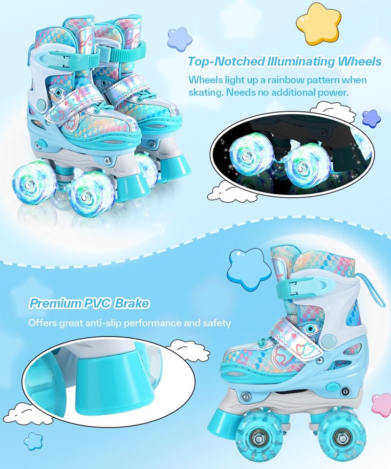 Sportneer Adjustable Kids Roller Skates with Light Up Wheels, 4 Sizes Fit for Girls Boys Ages 5–12, Fun Outdoor Indoor Quad Skates for Beginners, Safe Gift Set with Protective Gear Included