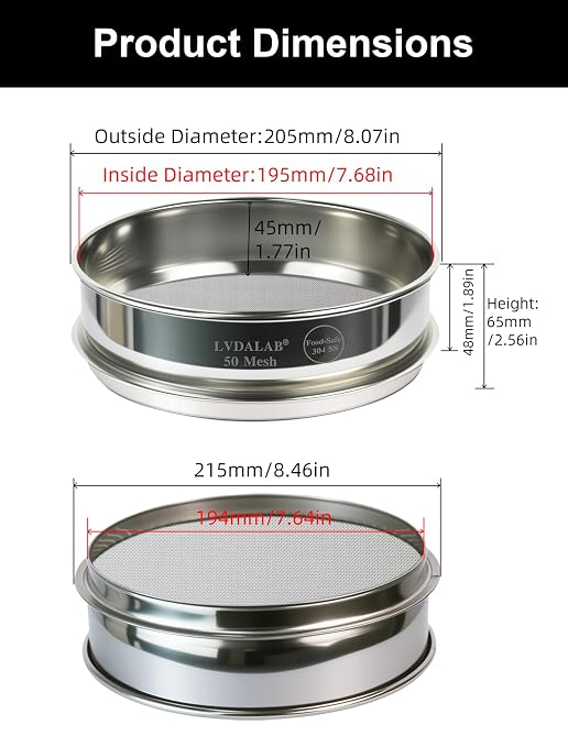 All 304 Stainless Steel 50 Mesh Test Sieve, 8Inch/20cm Diameter, Powder Sifter