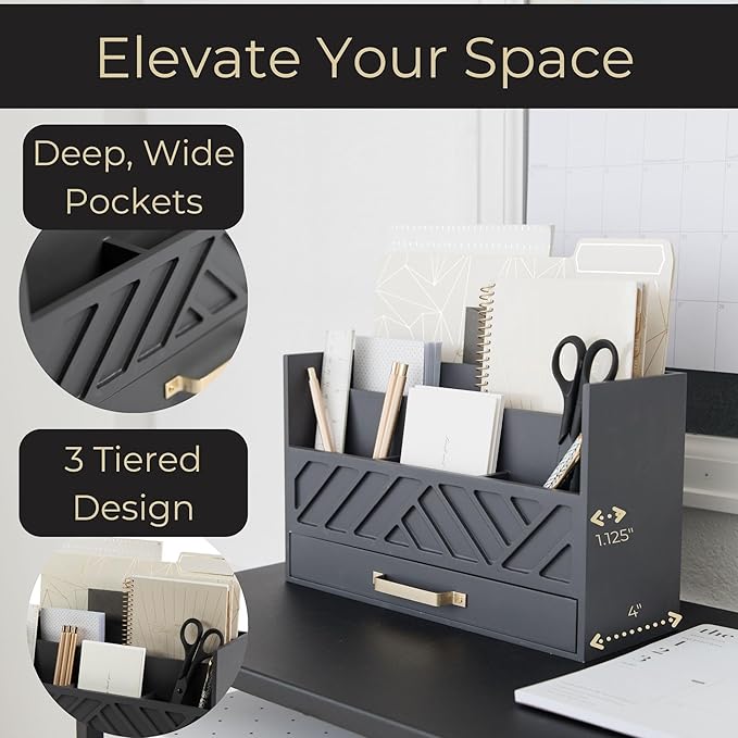 BLU MONACO Grey Wooden Desk Organizer with Drawer and Gold Handle – Perfect Desk Accessories for Home Office Organization – Desktop Mail Storage for Office Supplies