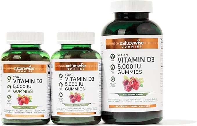 NatureWise Vitamin D3 5000 IU Gummies - Mixed Berry Flavor - Vegan D from Lichen, Pectin Based, Immune Support for Adults, Muscle & Bone Strength - Gluten Free, Non-GMO - 90 Count[45-Day Supply]