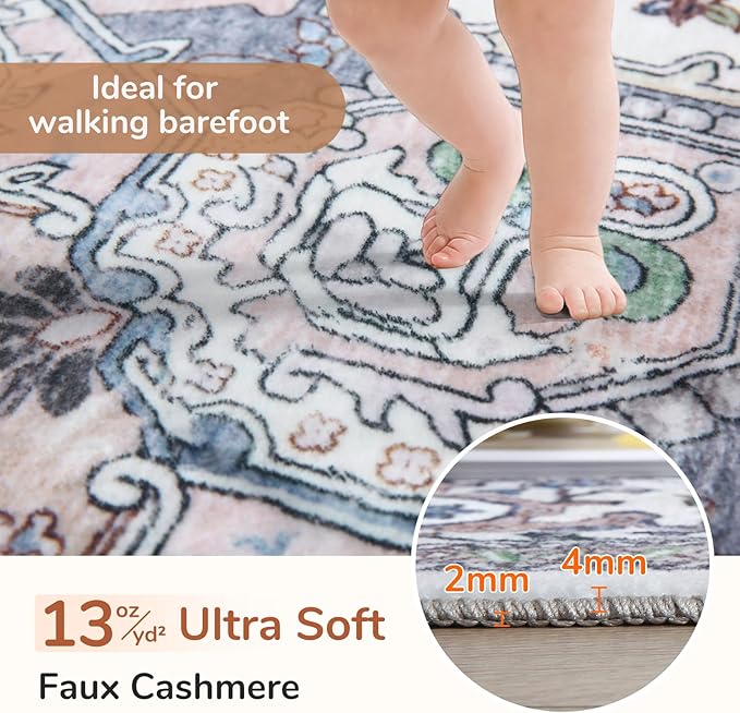 OPPODREAM Thin 10x14 Area Rugs, Washable Rugs 10x14 with Non Slip Backing, Low-Pile Faux Cashmere 10 x 14 Carpet, Purple & Green & Cream
