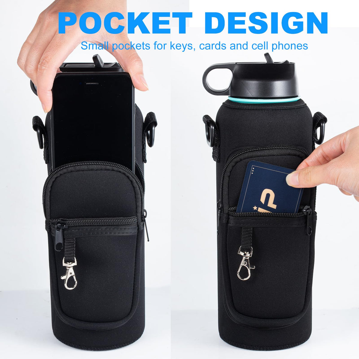 RRegeny Water Bottle Holder with Strap for Hydroflask 32oz 40oz, Carrier Sling Bag with Phone Pocket Sleeve for Men Women Hiking Camping Travelling（Blue 40oz）