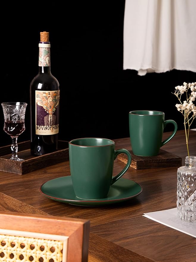 famiware Venus Coffee Mugs for 6, 14 oz Mug Set, Dringking Cup with Handle for Coffee, Tea, Cocoa, Milk, Dark Green