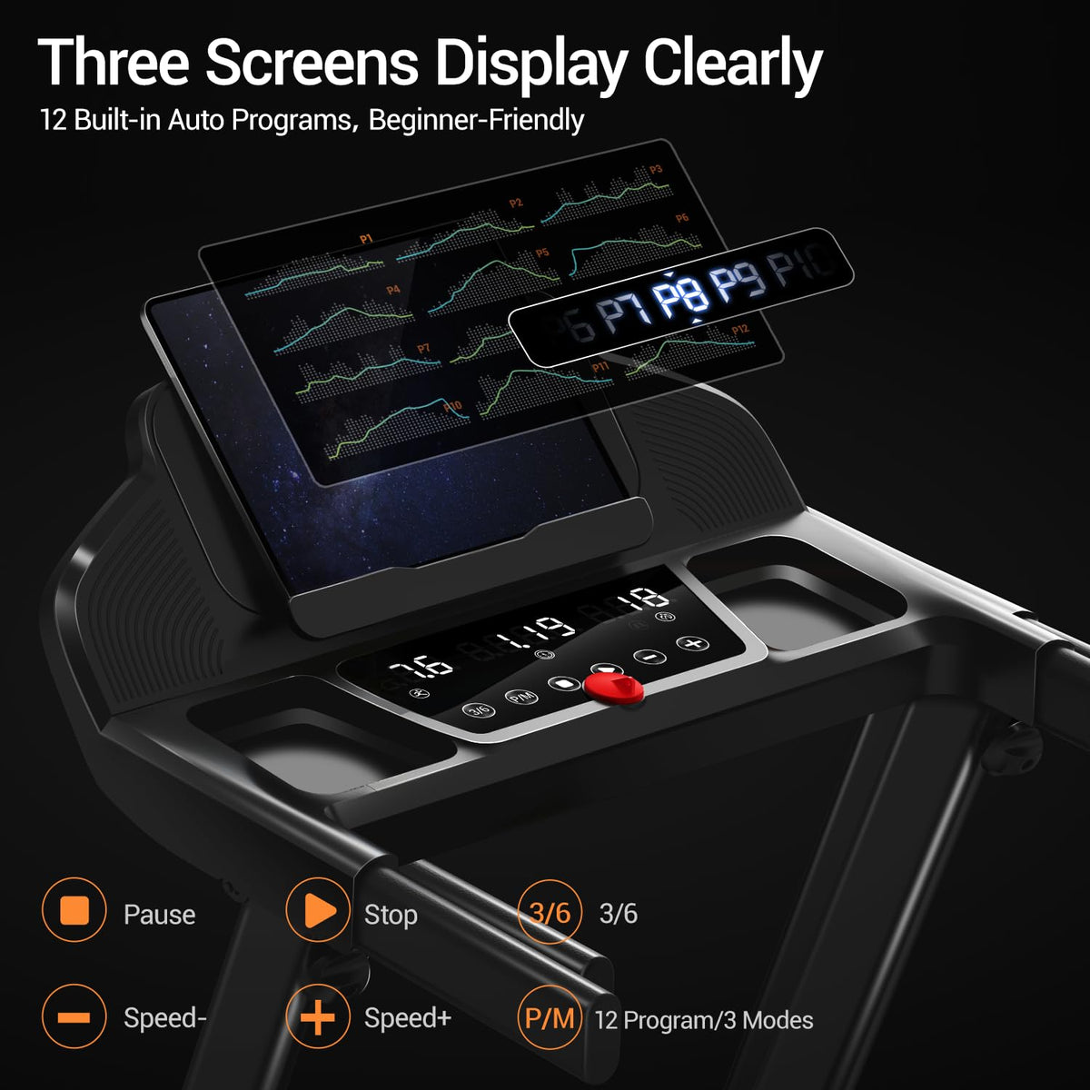 16% Treadmills for Home with Handle, 3 in 1 Portable Treadmill with Incline, Foldable Treadmill with Three Screen, 12 Preset Programs, 400LBS