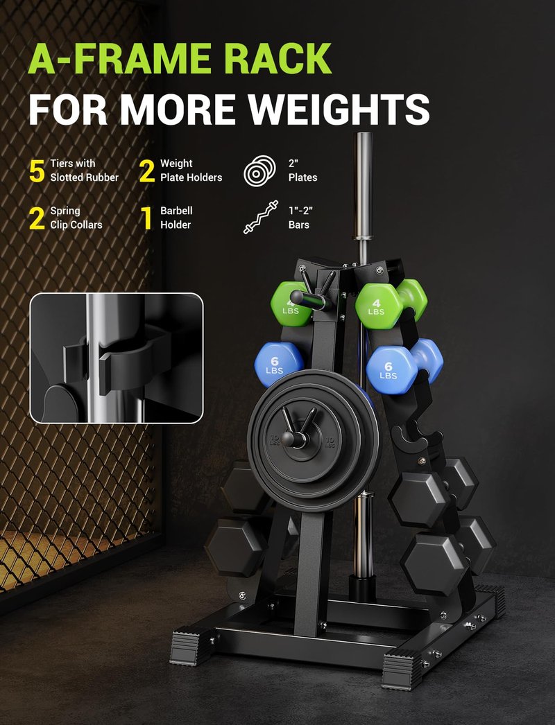 YOLEO 5-Tier A-Frame Dumbbell Rack Stand, Heavy-Duty 3-in-1 Weight Rack for Dumbbells, Barbells & Plates, Space-Saving Home Gym Organizer, 1100LBS Capacity, 19.5"x24.6"x30.7" (Rack Only)