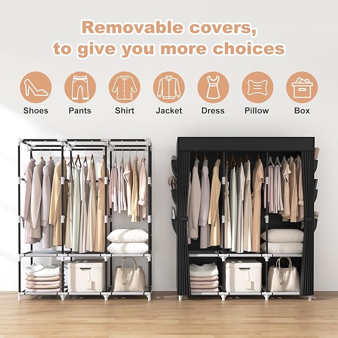 VTRIN Portable Closet for Hanging Clothes 52 Inch Wide Portable Wardrobe Closet with Cover, 6 Storage Shelves and 3 Hanging Rod, Diameter 19mm Metal Pipe, Sturdy Closet for Bedroom, Black