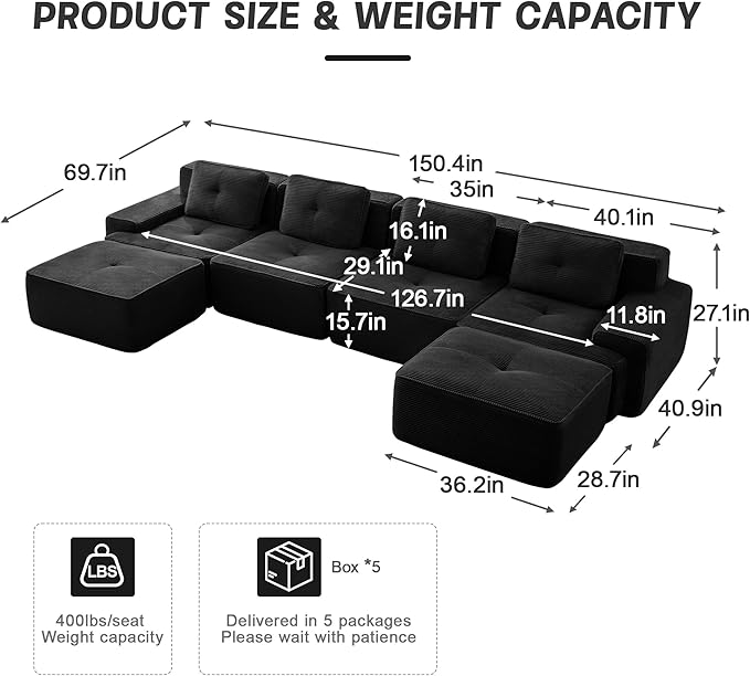 150" Modern Corduroy Cloud Sofa with Ottoman, U Shaped Boneless Modular Large Sectional Couches for Living Room, Black 4 Seater Compressed Memory Foam Couch, Extra Deep Seat, No Assembly