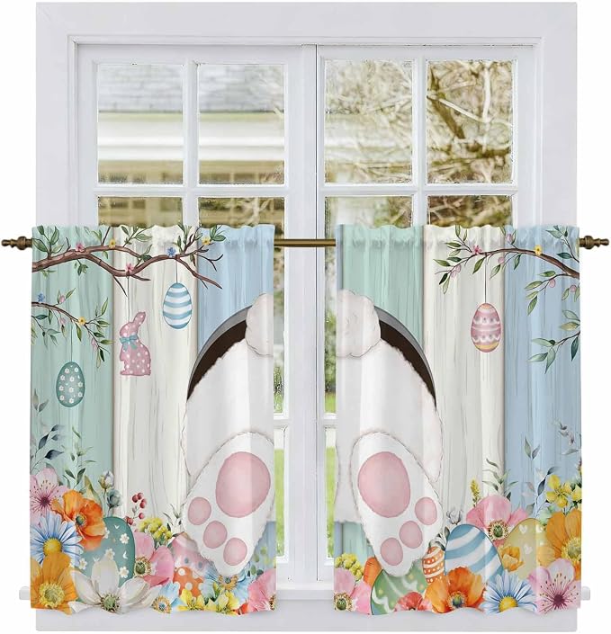 Easter Kitchen Tier Curtains 45 Inch Long 2 Panel Set, Rod Pocket Short Window