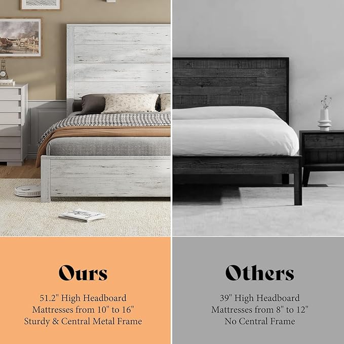 AMERLIFE King Size 51.2" Wood Bed Frame, Rustic Platform Bed with Spliced Headboard, Wood Slats Support/No Box Spring Needed/Noiseless/Antique White